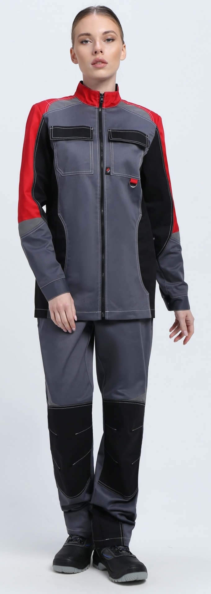 Костюм ВЕКТРОН-1 женский с БР (серый/красный/черный)