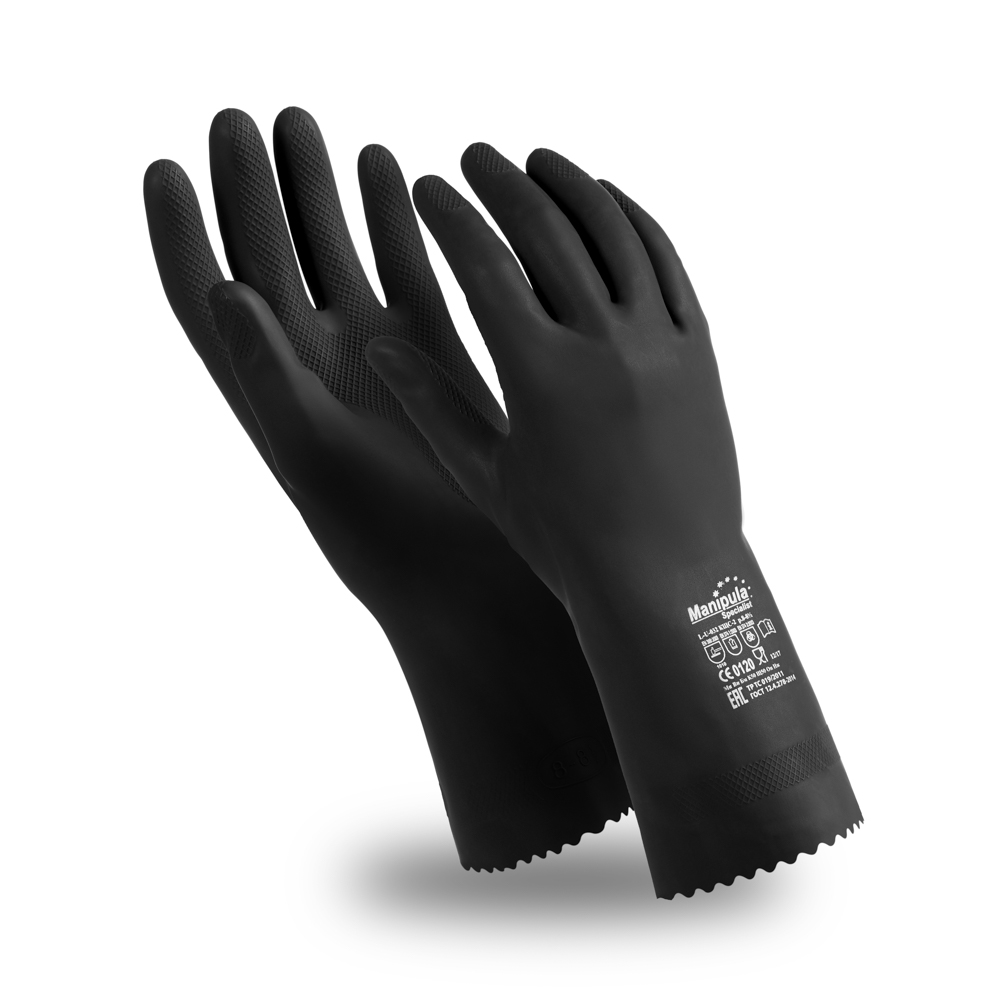 Перчатки КЩС-2 (CG-943), латекс, 0.35 мм, 300 мм, без подкладки, цвет черный