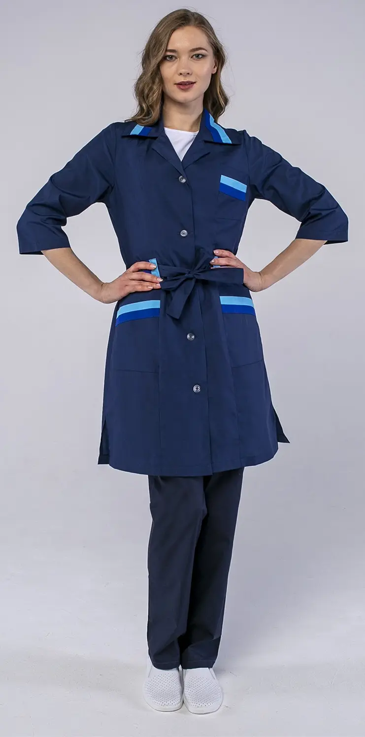 Халат ФЛОРА женский с поясом (т.синий/васильковый)