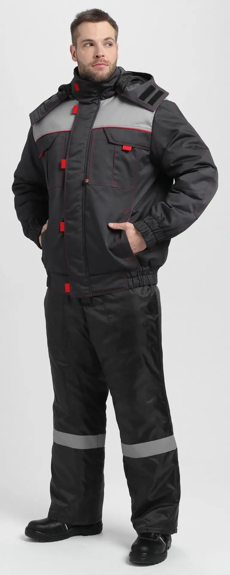 Куртка ФЛОФТ ПРЕМИУМ зимняя укороченная (т.серый/св.серый/красный)